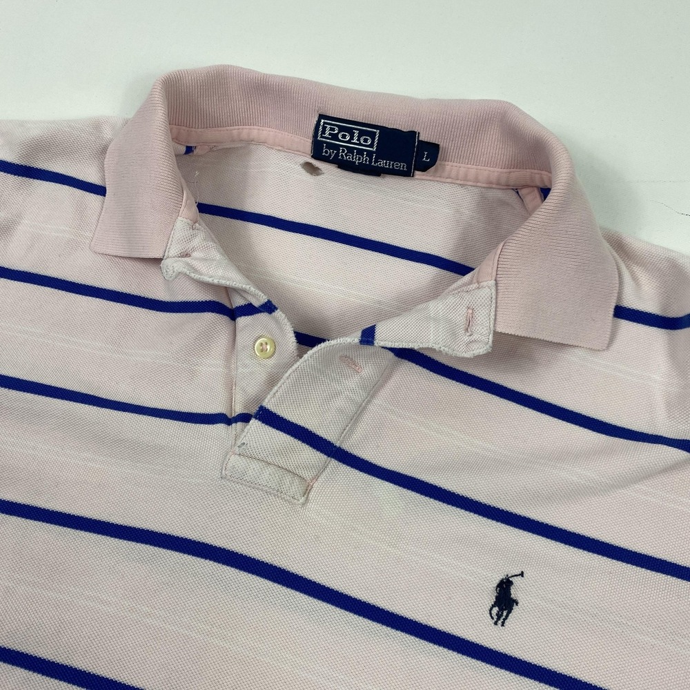 Polo Ralph Lauren Polo Shirt Mens Large Pink Blue Striped Short Sleeve Pony